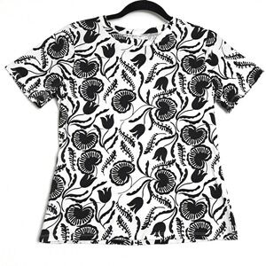 Ann Taylor Floral Print Tee Womens Medium White Black Bold Graphic Short Sleeve